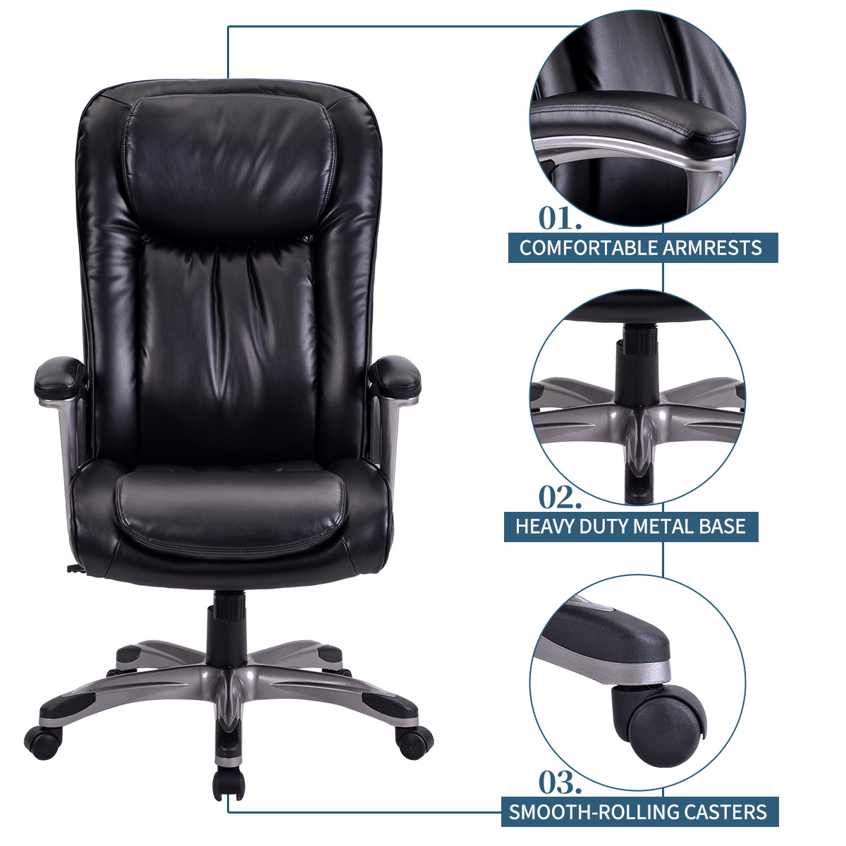 Homeoffice High-Back PU Leather Chair with Casters, Swivel, Adjustable Office Desk Chair, Black