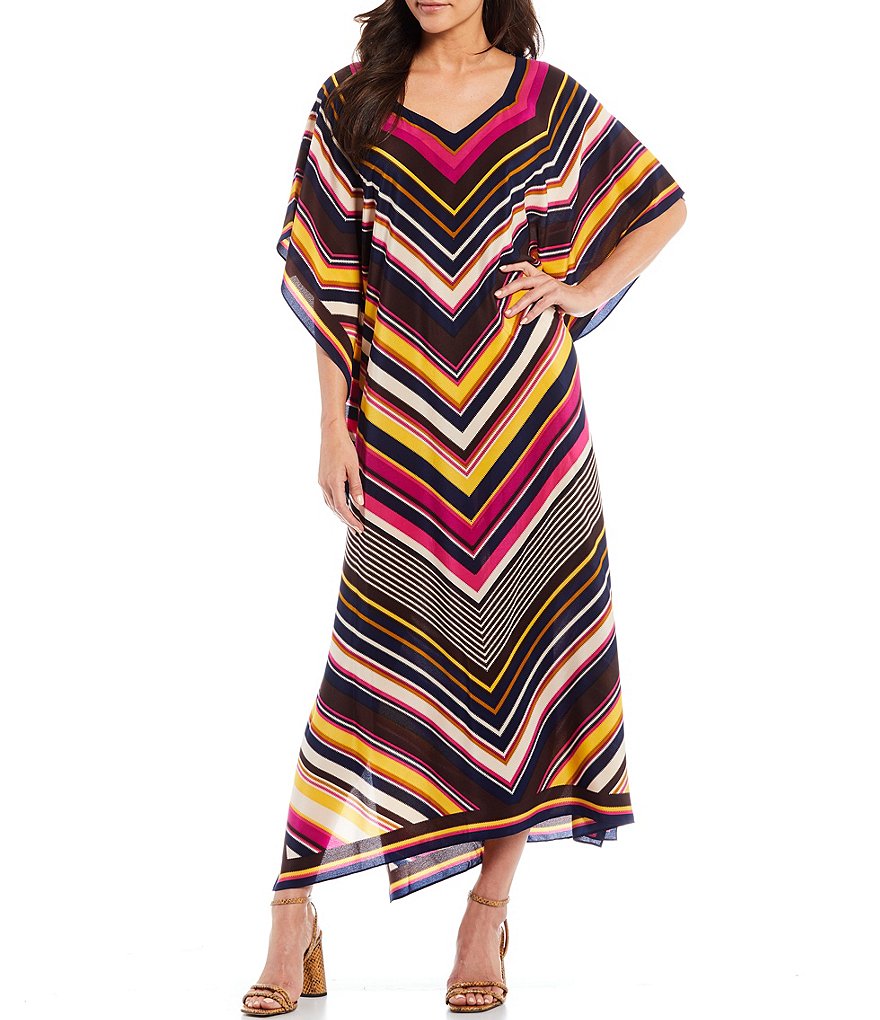 Trina Turk Colorful Mitered Stripe Print Silk V-Neck Elbow Sleeve Theodora Maxi Caftan Dress