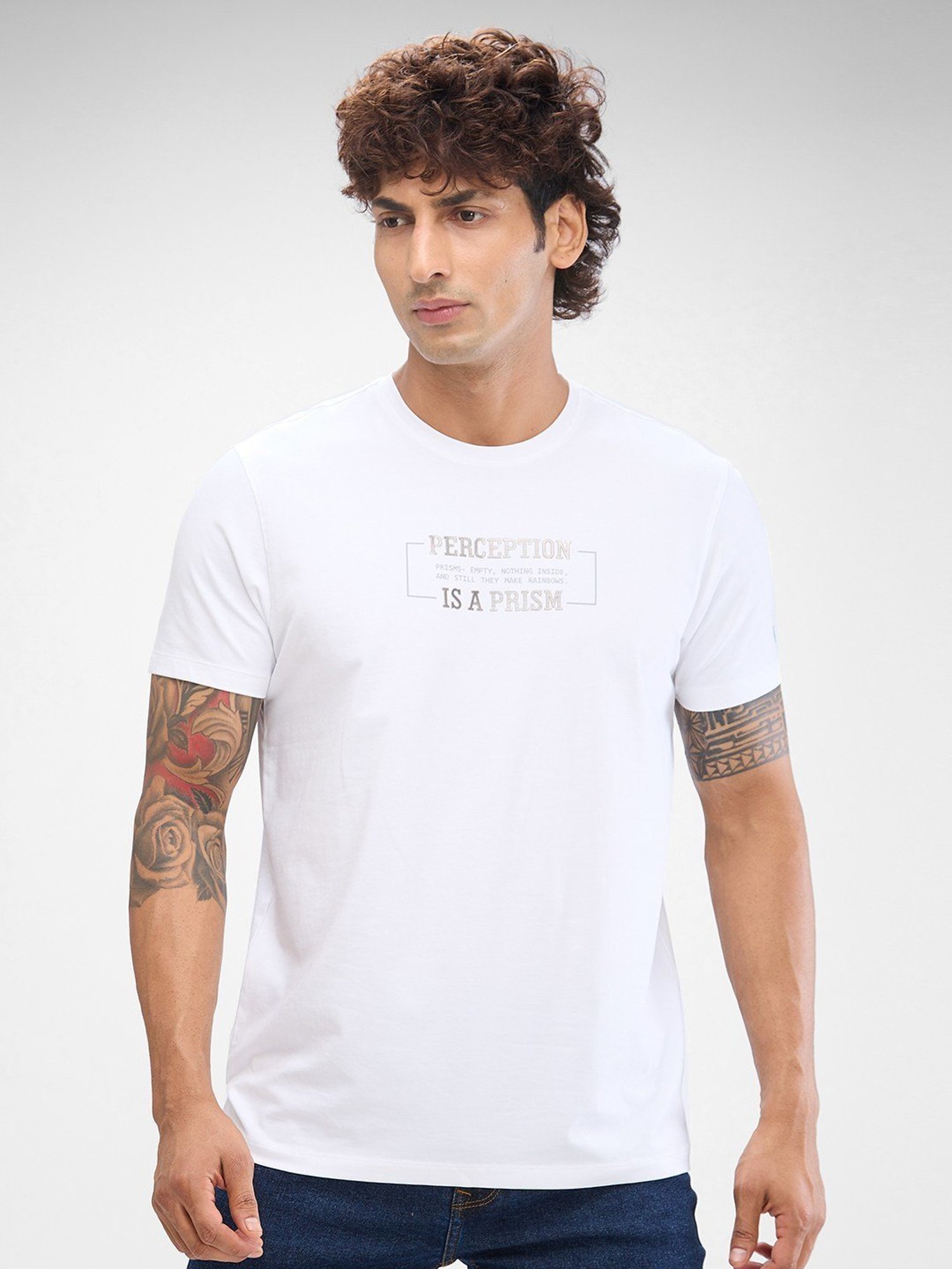 Spykar White Slim Fit Printed T-Shirt