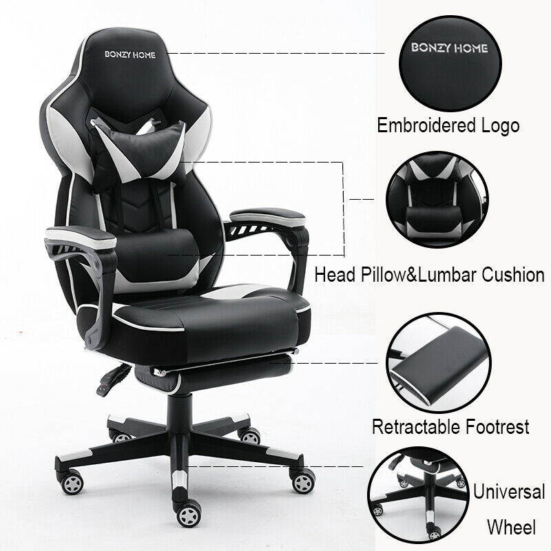 Gaming Chair Racing Style Leather Office Recliner Computer Seat Swivel Footrest