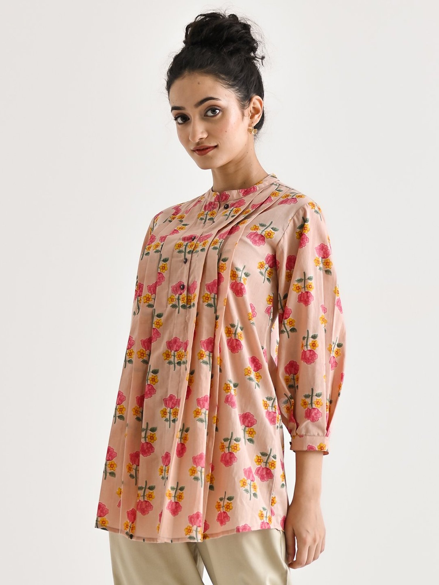 Rustorange Baby Pink Cotton Floral Print A Line Short Kurti