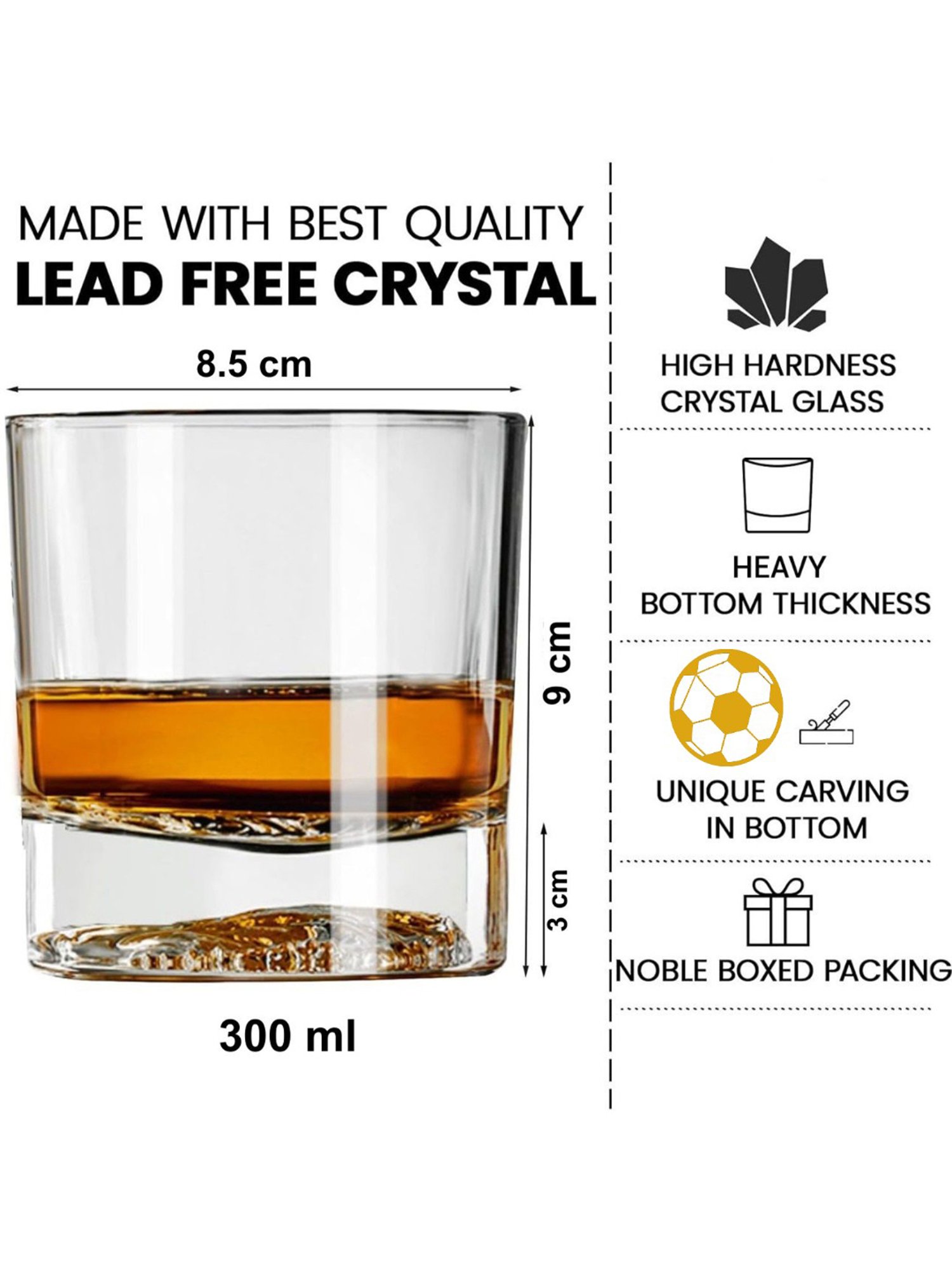 Melbify Gold Football Transparent Whiskey Glass 300ml - Set of 2