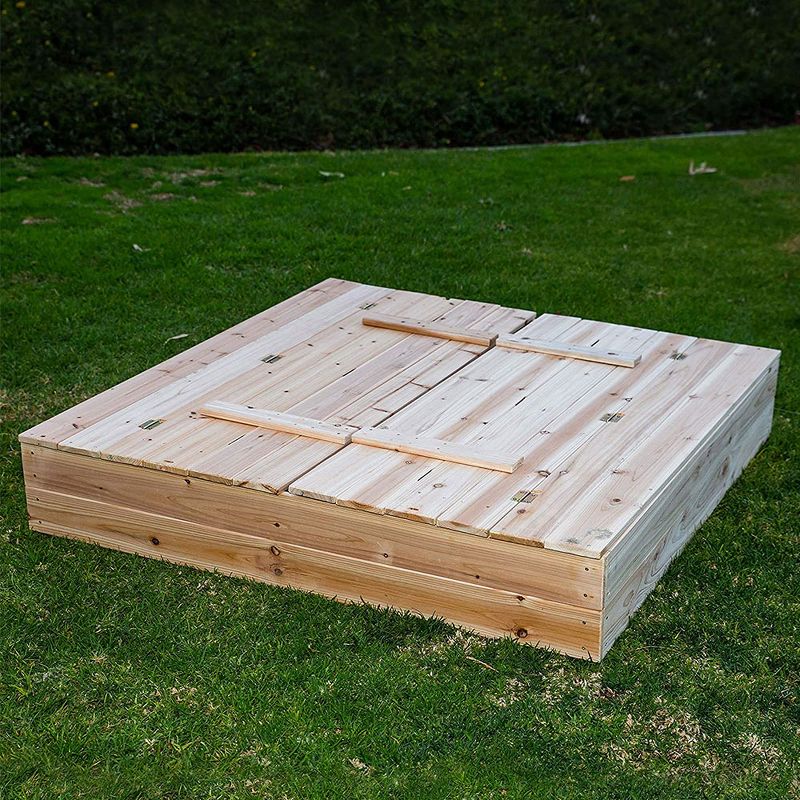 Be Mindful 50 x 48-Inch Solid Wood Natural Finish Untreated Extra Large Outdoor Kids Sandbox with Lid Cover and Folding Bench Seat