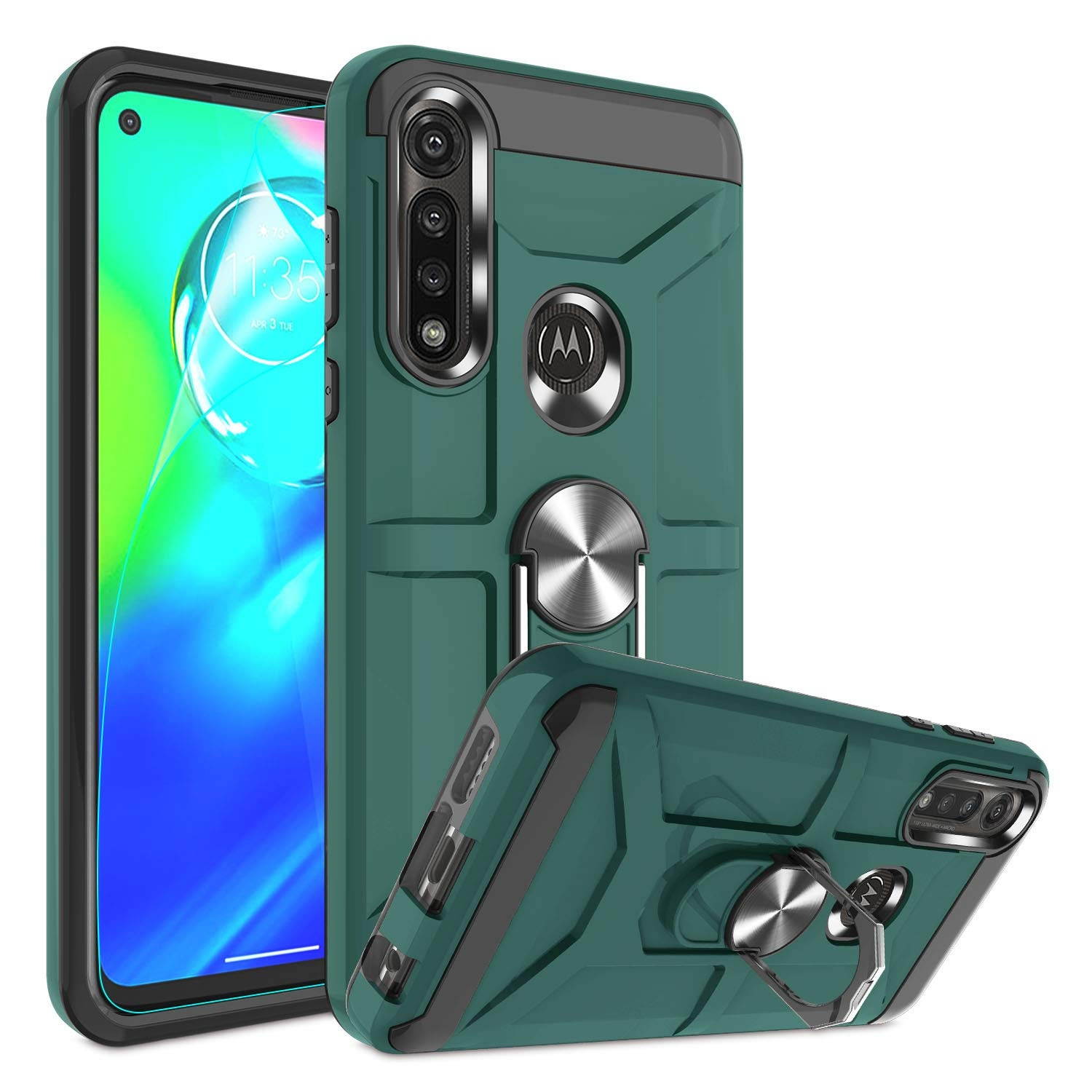 Moto G Power Case 2020 with HD Screen Protector, 360&deg; Rotation Ring Holder Kickstand [Work with Magnetic Car Mount] PC+ TPU Phone Case for Motorola Moto G Power, Midnight Green