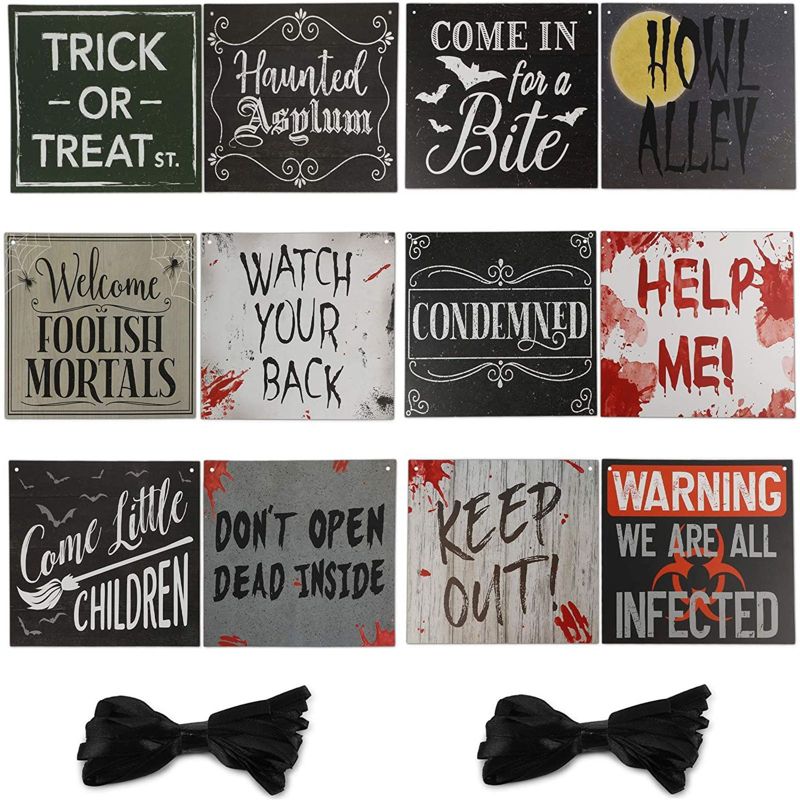 Spooky Central 12 Pack Halloween Party Decorations, Beware Signs with Rope (11.8 x 9.8 In)