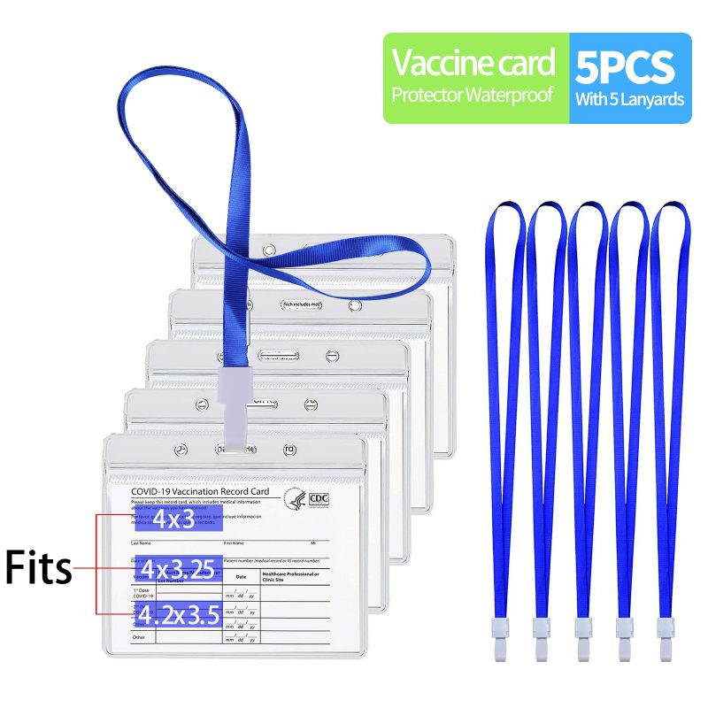 CDC Vaccination Card Protector Fits for 4X3,4X3.25,4.25X3.5 Inches Card, Immunization Record Vaccine Waterproof Cards Holder Clear Vinyl Plastic Sleeve with Resealable Zip 5Packs with Blue Lanyards