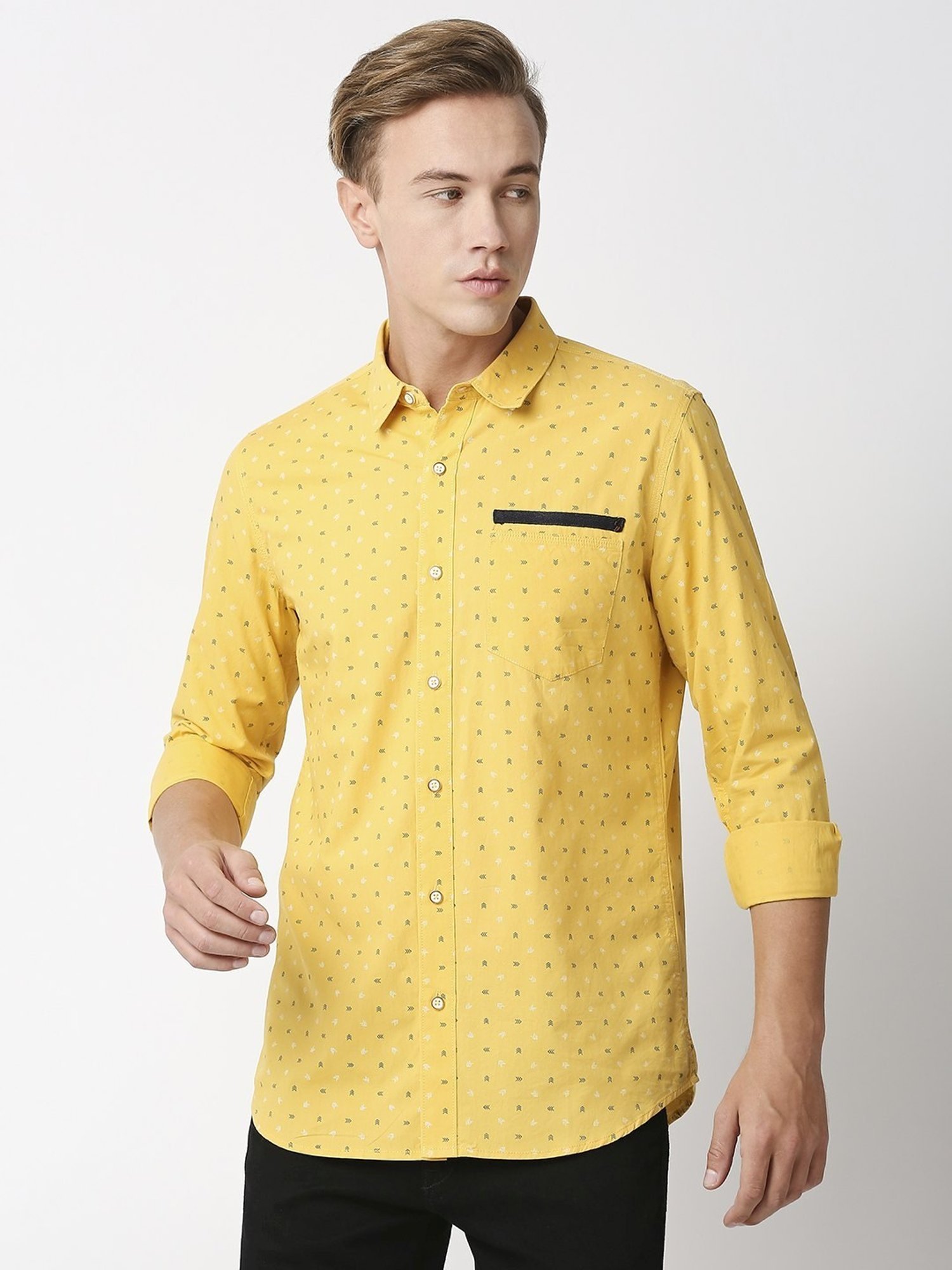 Solemio Yellow Slim Fit Printed Shirt