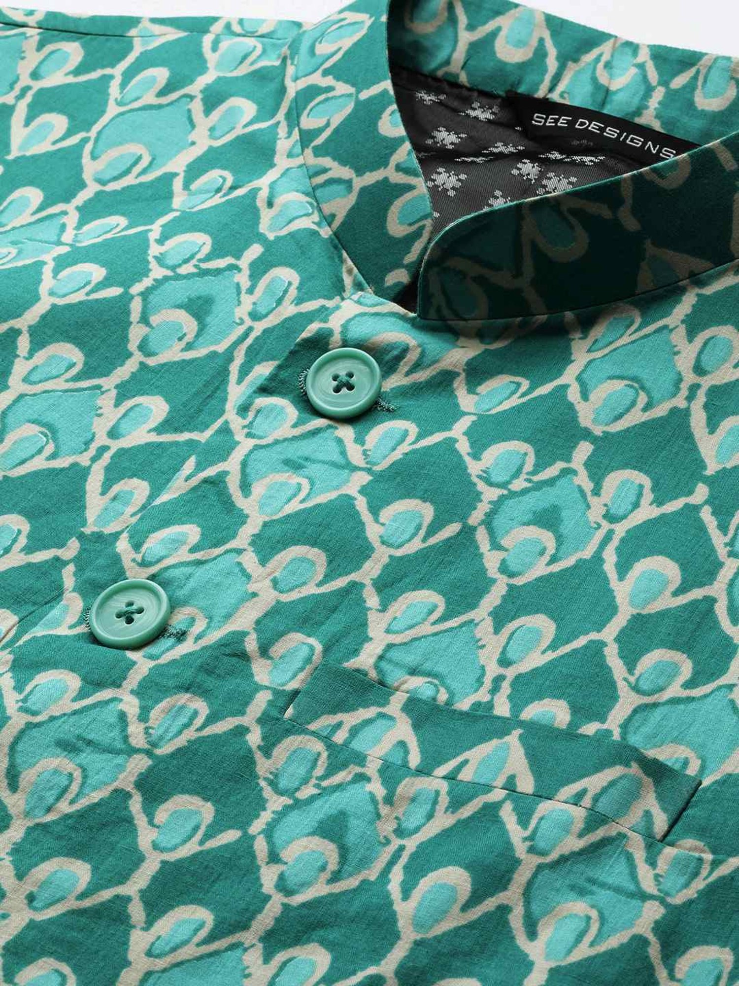 See Designs Green Cotton Regular Fit Printed Nehru Jacket