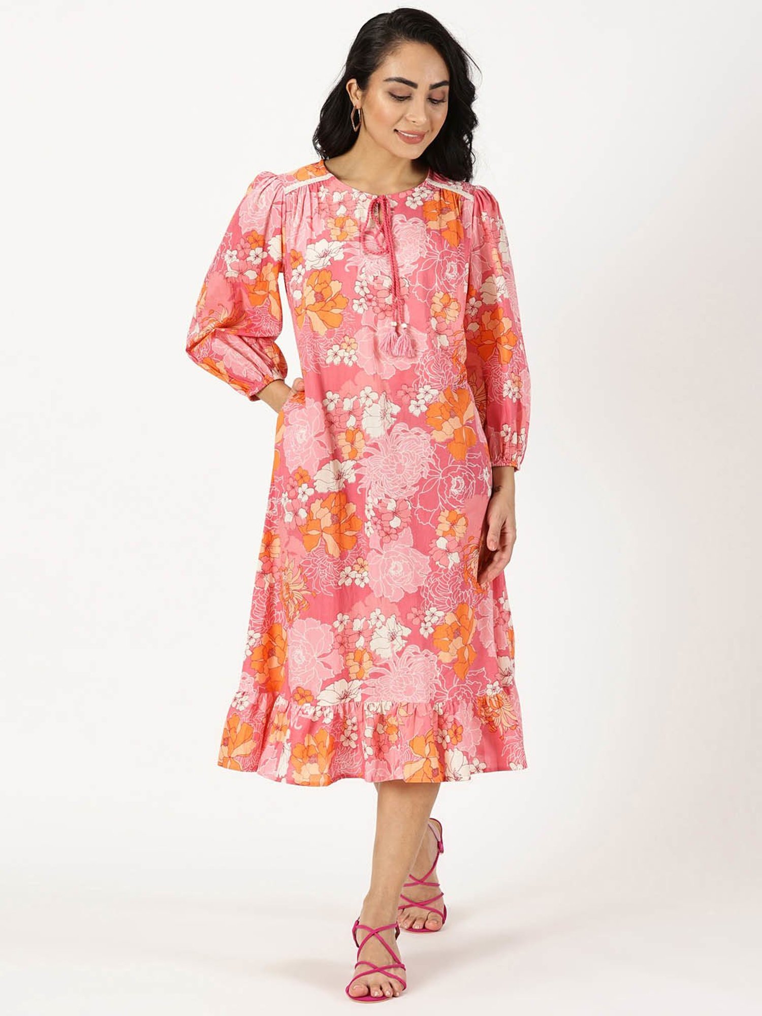 Saffron Threads Pink Cotton Floral Print Ethnic Dress