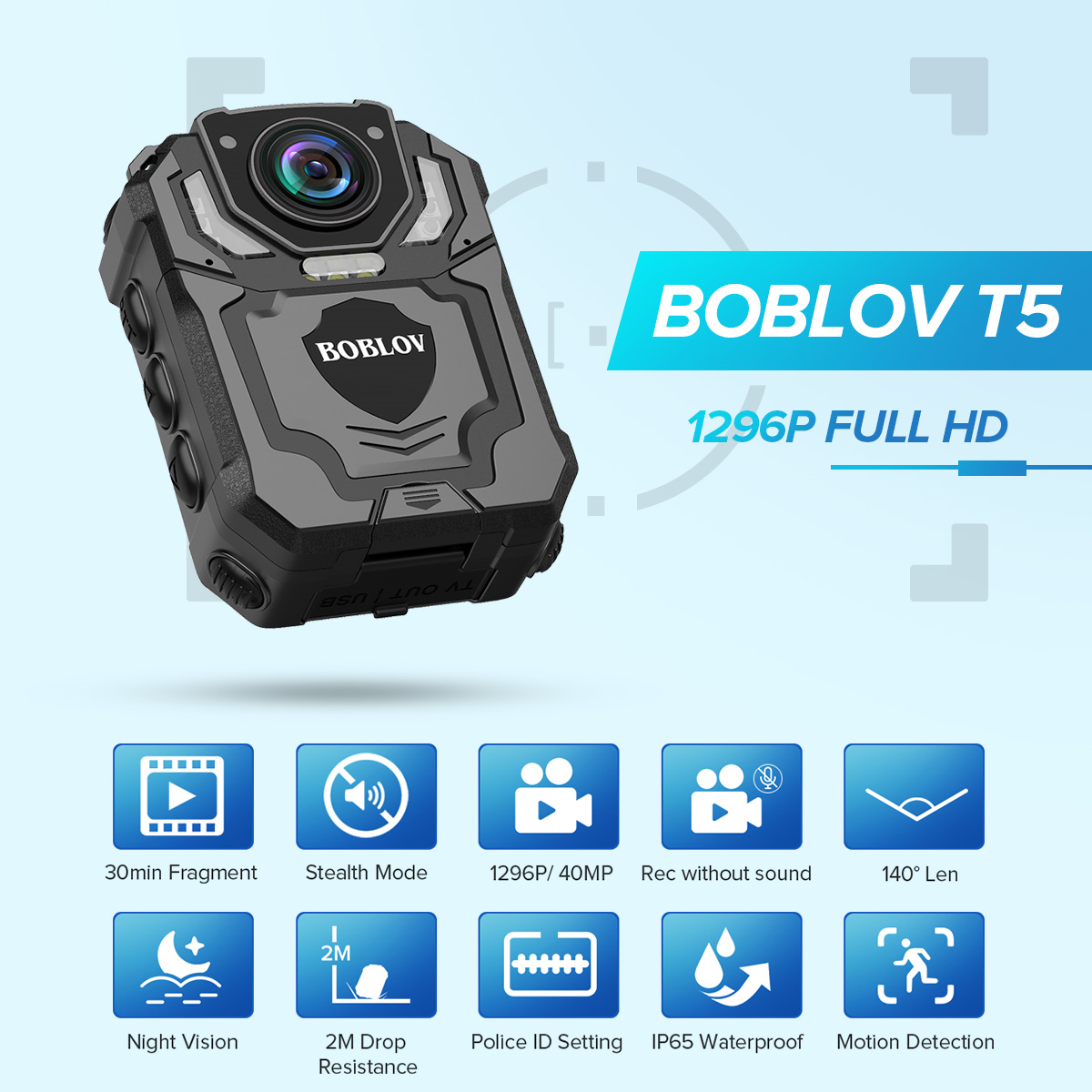 BOBLOV T5 1296P Body Camera with Audio Recording Wearable Police Body Camera for Law Enforcement, Night Vision, Loop Recording, Expand Memory Supported Max 128G