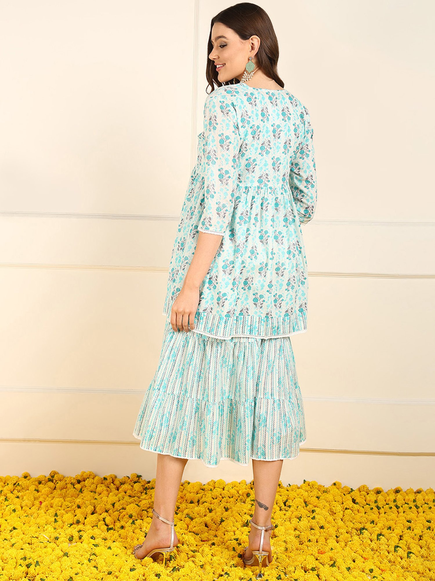 Vaamsi Blue Cotton Printed Midi Ethnic Dress With Shrug