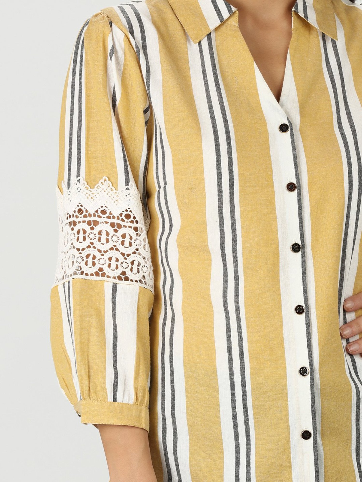 Mustard Yellow & White Cotton Striped Shirt