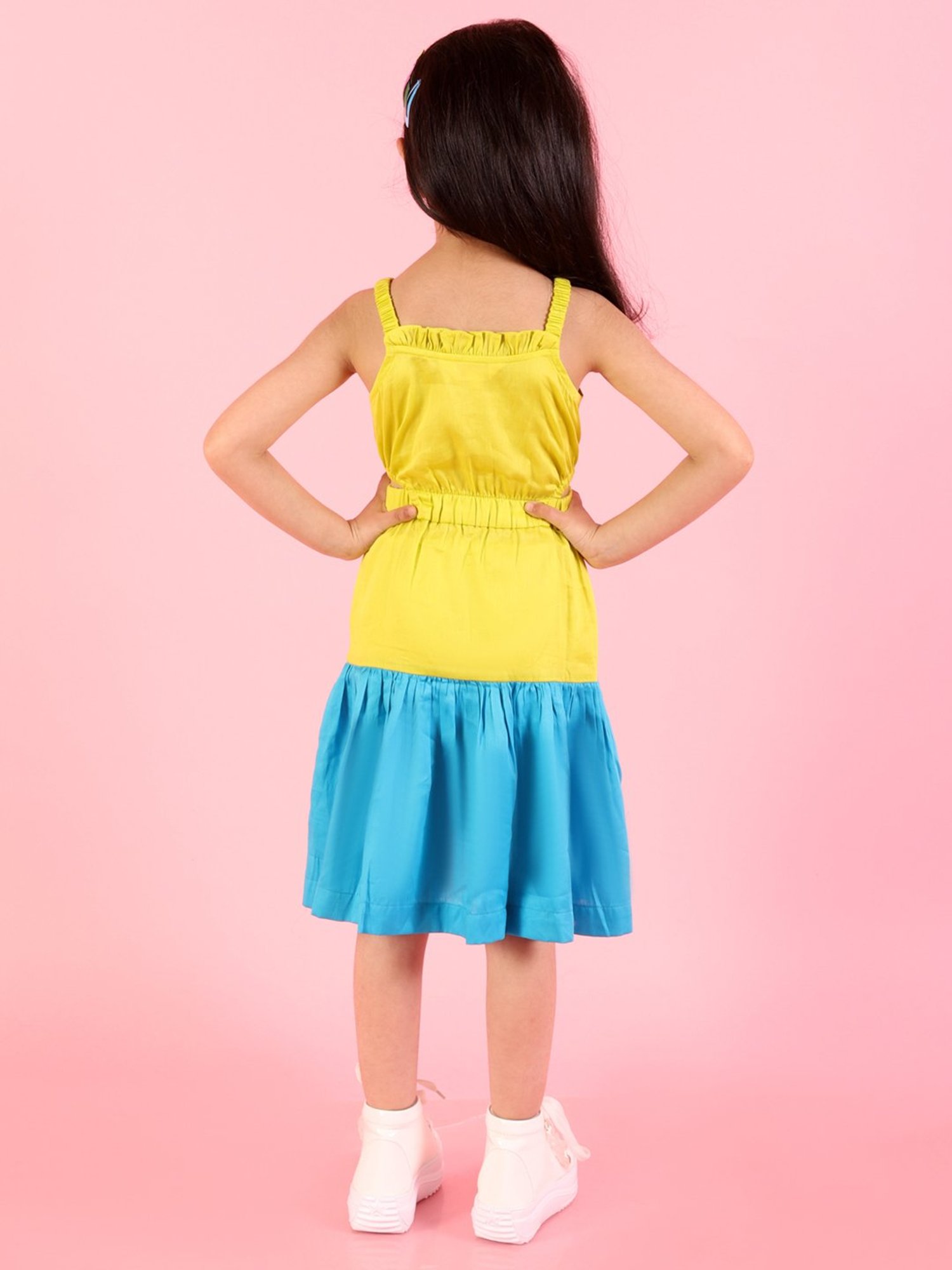 Lil Drama Kids Yellow & Blue Solid Dress