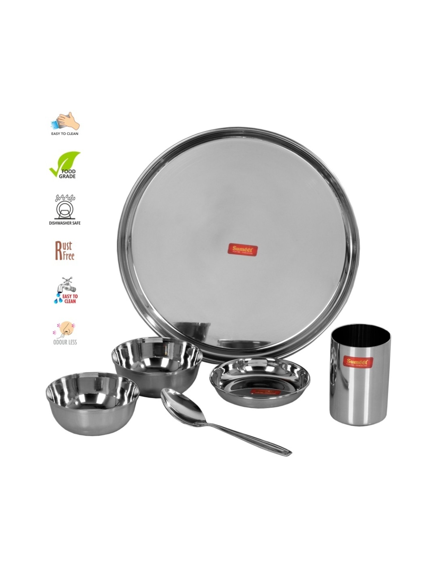 Sumeet S.S.Mirror Finish Dinner set-6 Pc(1 Plate,1 Small/Halwa Plate, 2 Bowl/Wati, 1 Glass, 1 Spoon)
