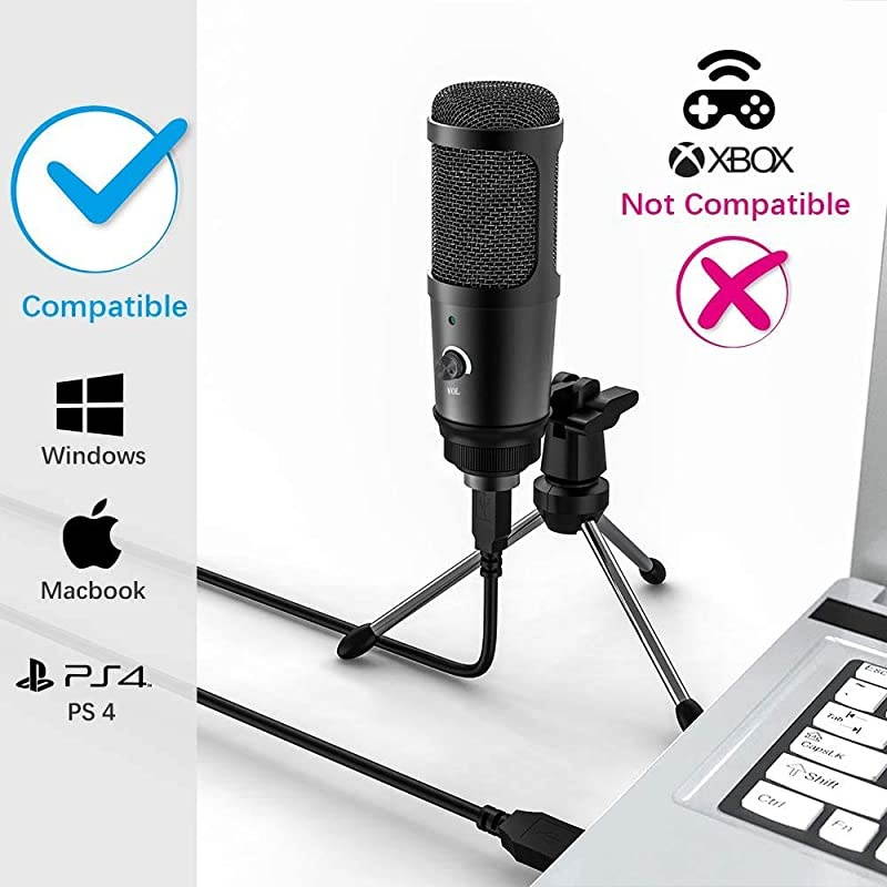 USB Microphone  Condenser PC Mic with Tripod Stand for Gaming Podcast Skype Chatting YouTube Videos Voice Overs and Streaming Compatible with iMac PC Laptop Desktop Windows Computer