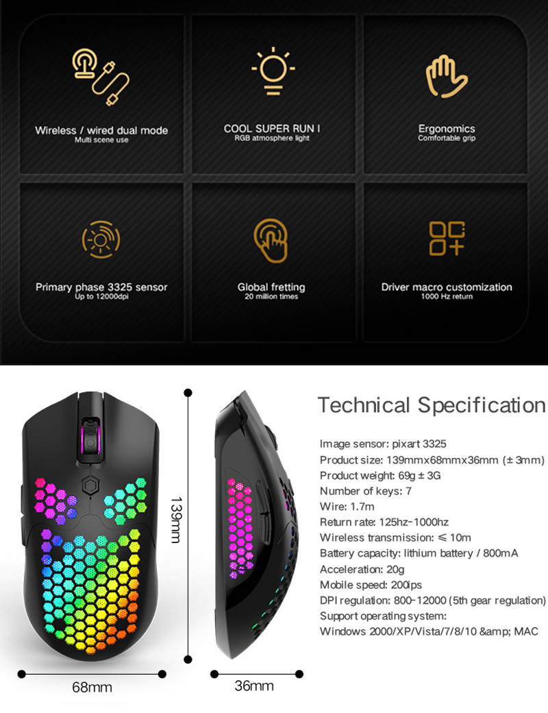 7 Buttons Wired Wireless Dual Mode Gaming Mouse 2.4GHz 5 Gears 12000 DPI Adjustable RGB Backlit Ergonomic Mice Lightweight Honeycomb Shell Gamer Mice Optical Mouse