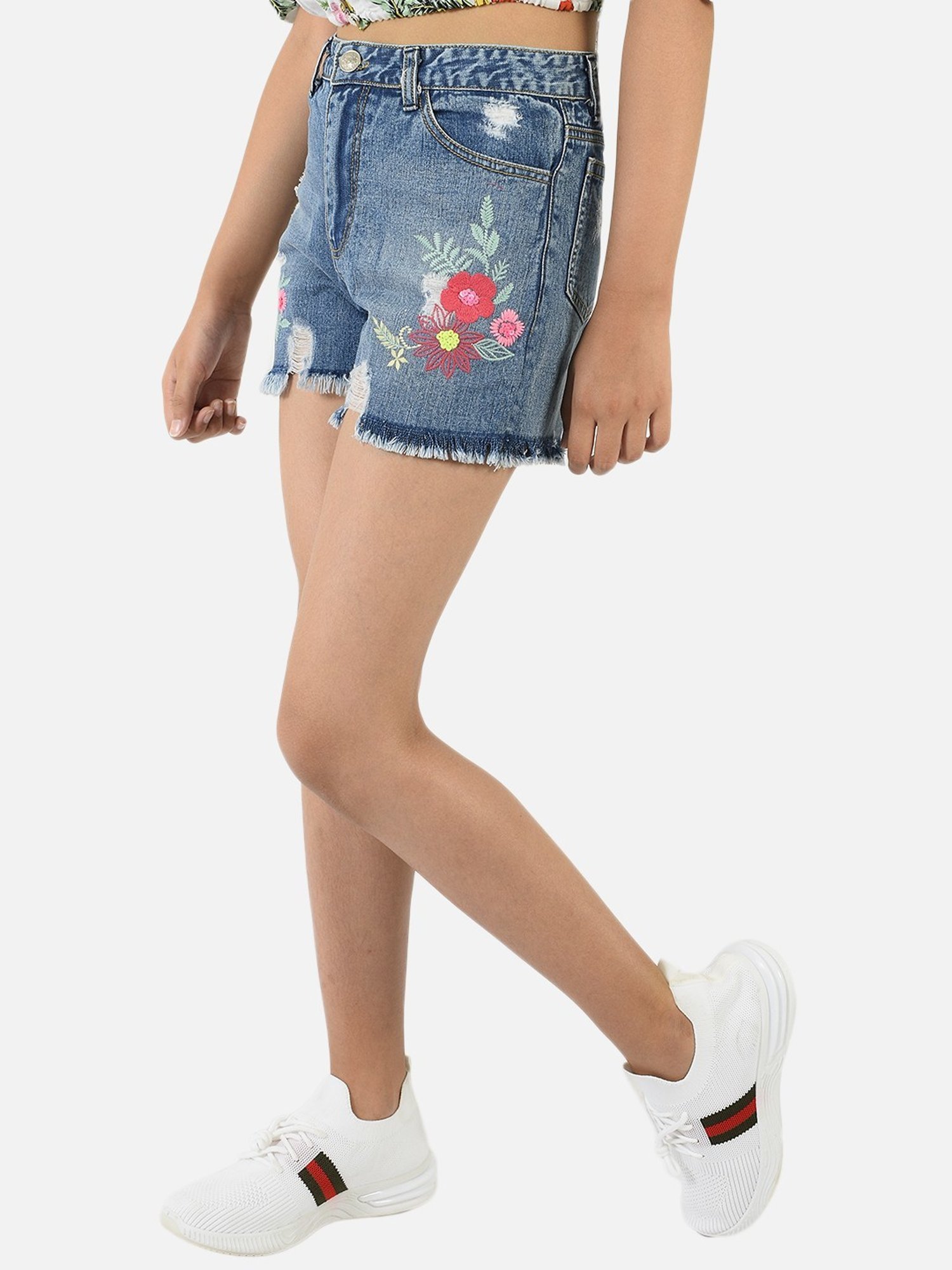 Nauti Nati Kids Blue Cotton Embroidered Shorts