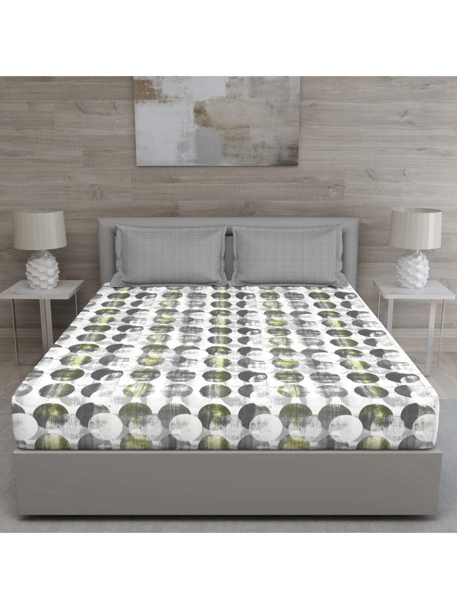 GM 'Regal' Grey & Yellow Cotton 144 TC Double Bedsheet with 2 Pillow Covers