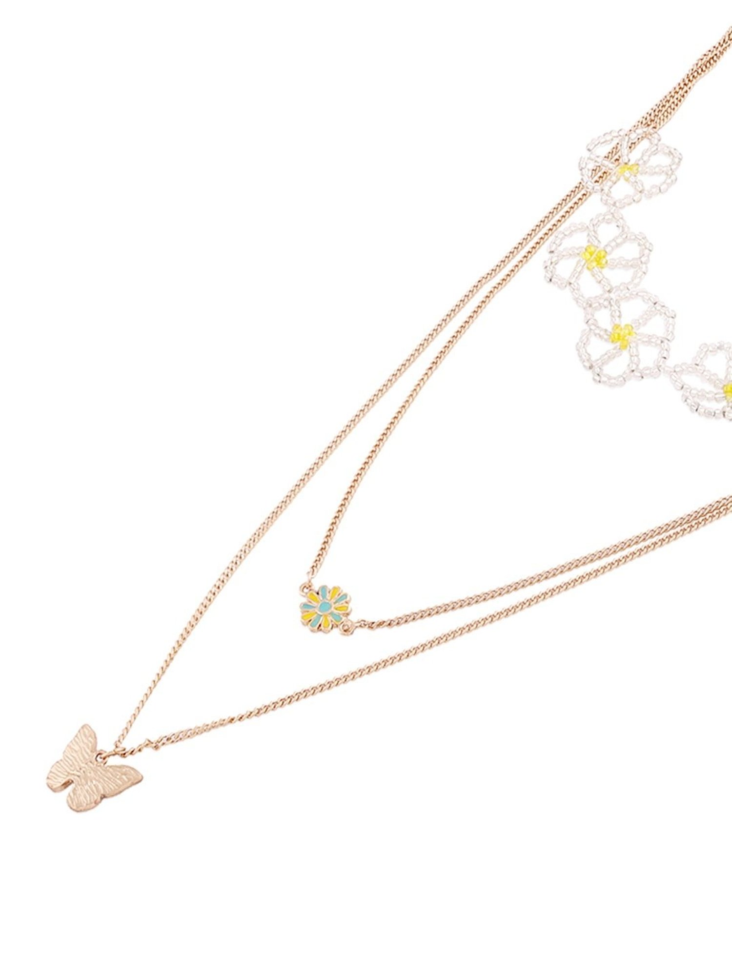 Zaveri Pearls Yellow Flowers Beaded & Butterfly Drop 3 Layers Necklace -ZPFK14046