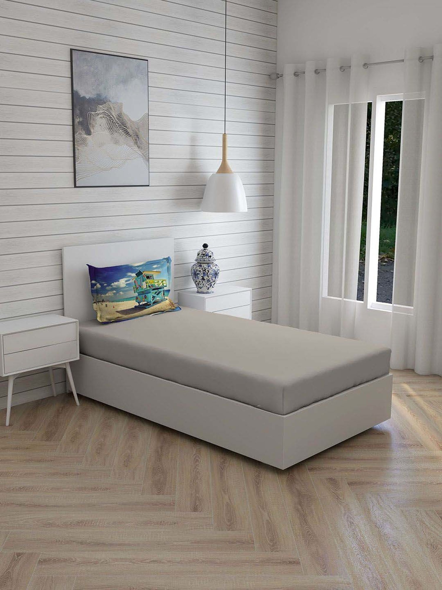 Boutique Living Globe Trotter Grey Cotton 200 TC Single Size Bed Sheet with Pillow Cover