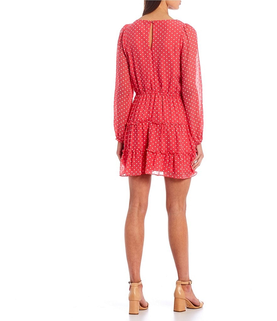 Midnight Doll Long-Sleeve Square-Neck Clip Dot Print Chiffon Blouson Dress