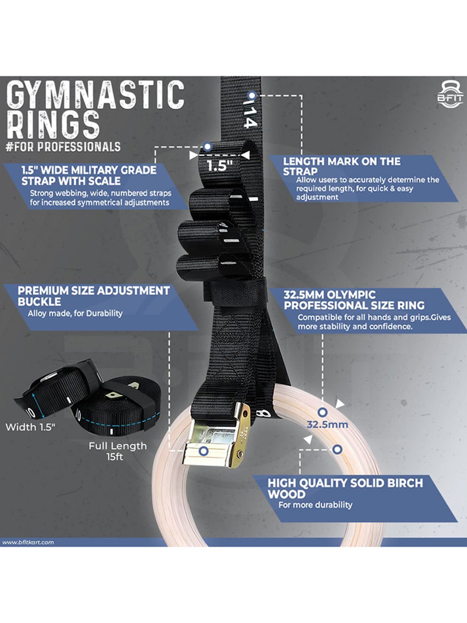 B Fit Wooden Gymnastic Rings with Heavy Duty Adjustable Straps (Black)