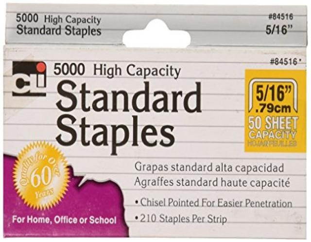 Charles Leonard High Capacity Standard Staples, 5/16 Inch Leg Length, Silver, 5000/Box (84516)