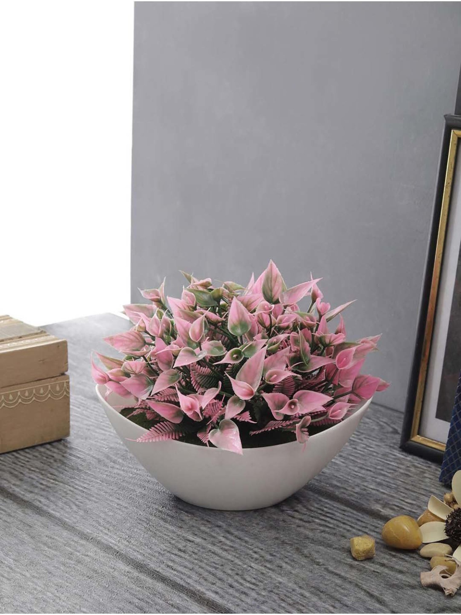 Foliyaj Green & Pink Plastic Artificial Plant With Leaves And Flowers
