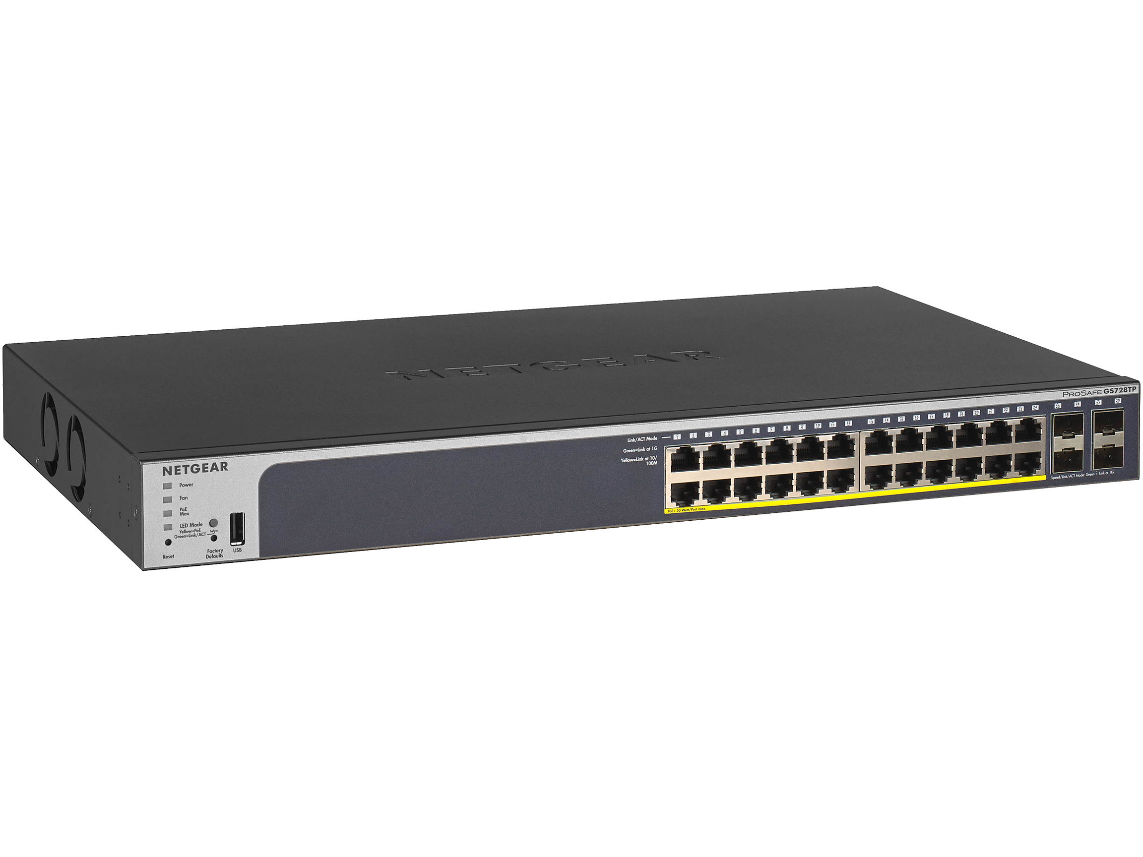 NETGEAR 28-Port PoE Gigabit/10G Stackable Smart Switch (GS728TXP) - Managed with 24 x PoE+ @ 195W, 2 x 10G Copper and 2 x 10G SFP+, Desktop/Rackmount, and ProSAFE Lifetime Protection