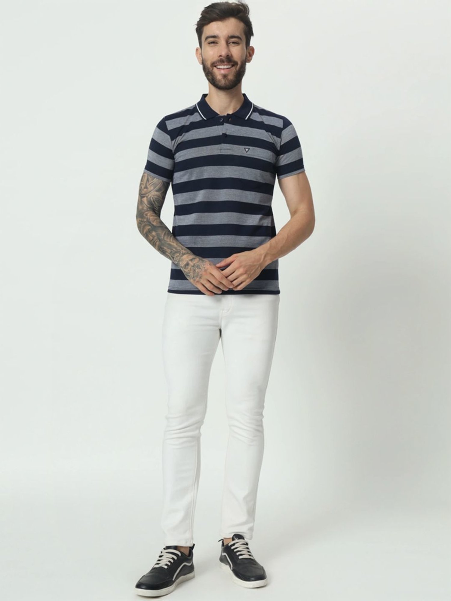 Tab91 Blue Regular Fit Striped Polo T-Shirts