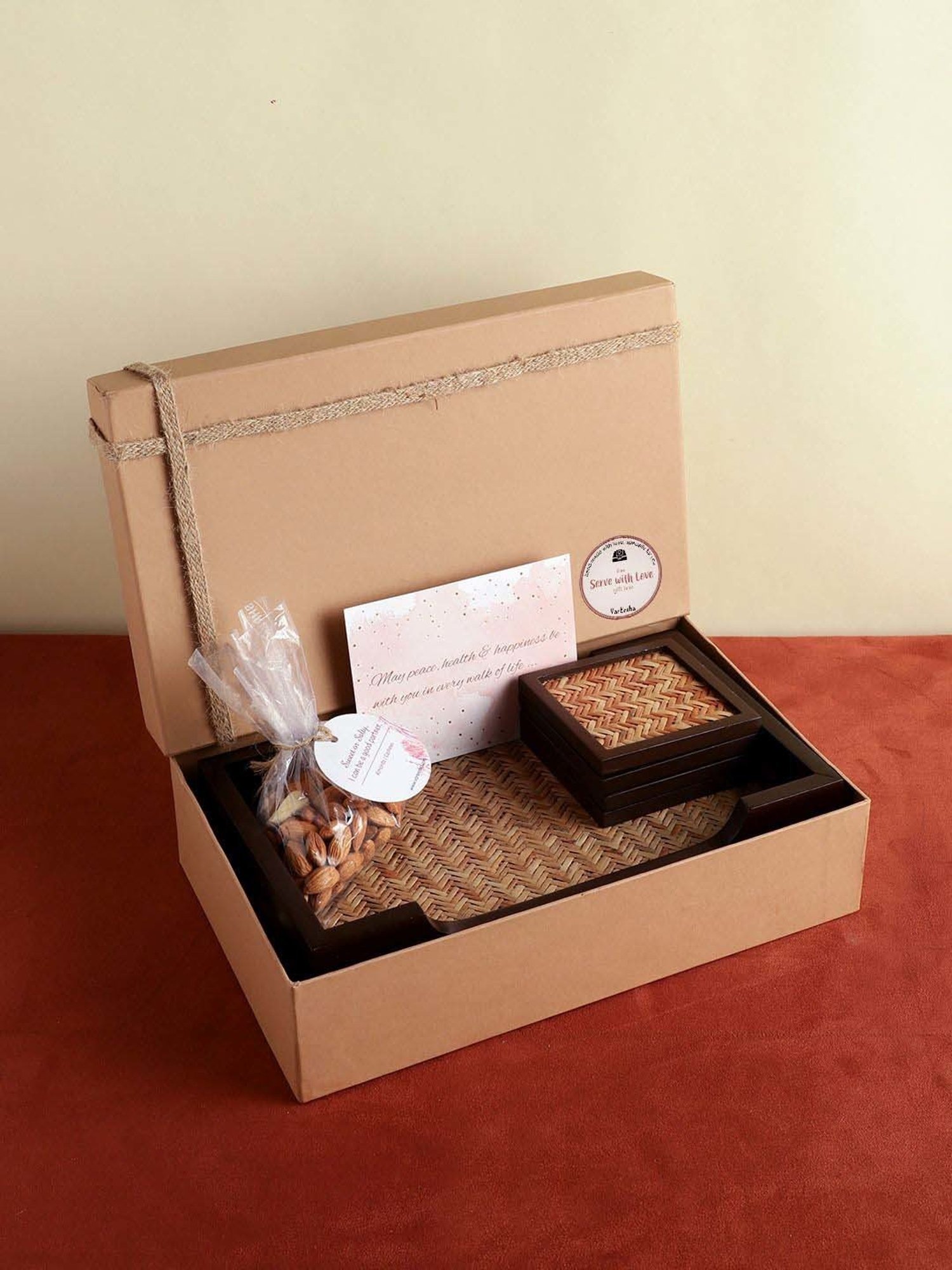 VarEesha Serve With Love Brown Wood Tray with Coaster - Set of 5