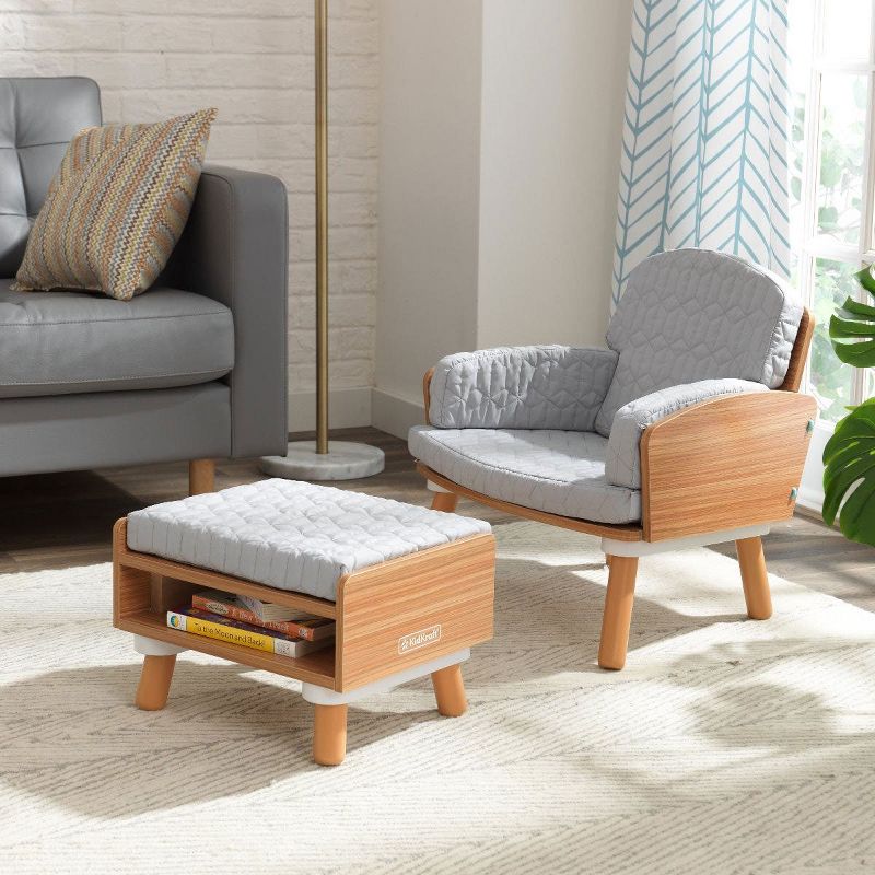 KidKraft 18560 Easy to Assemble Wood Constructed Mid Century Kid Fabric Cushioned Reading Arm Chair and Storage Ottoman, Gray