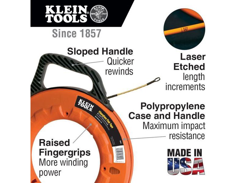 KLEIN TOOLS 56014 Fiberglass Fish Tape with Spiral Leader, 200-Foot