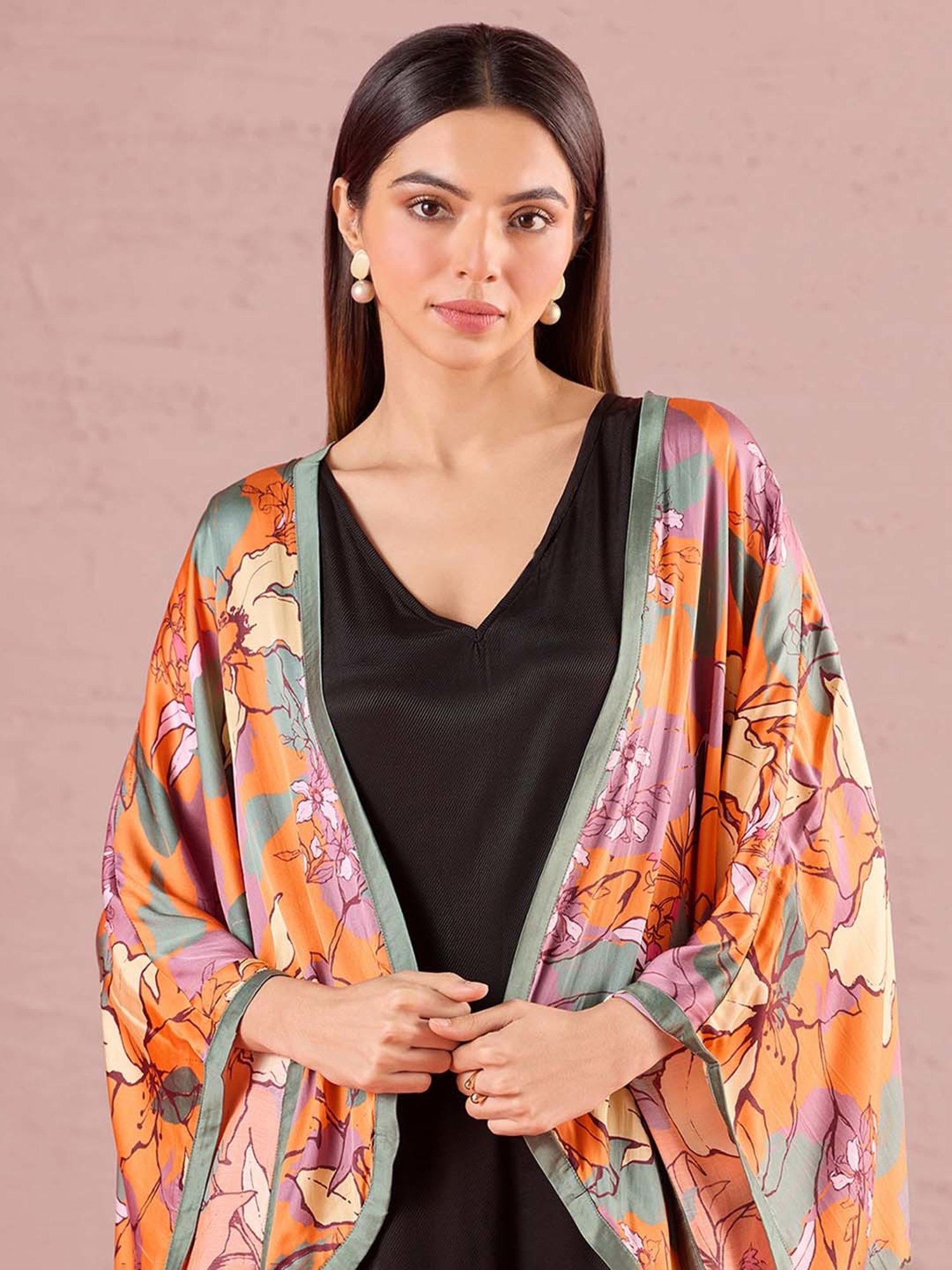 navyasa by liva Black & Orange Printed Jumpsuit With Shrug