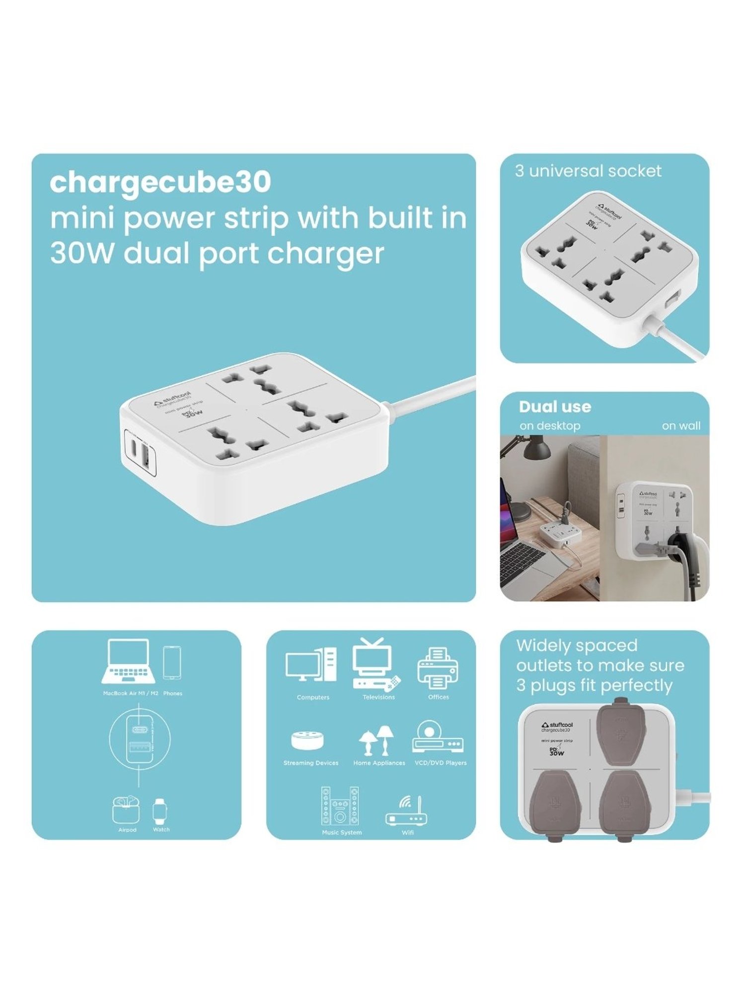 Stuffcool ChargeCube Mini Power Strip with 30W Type C output (Black)