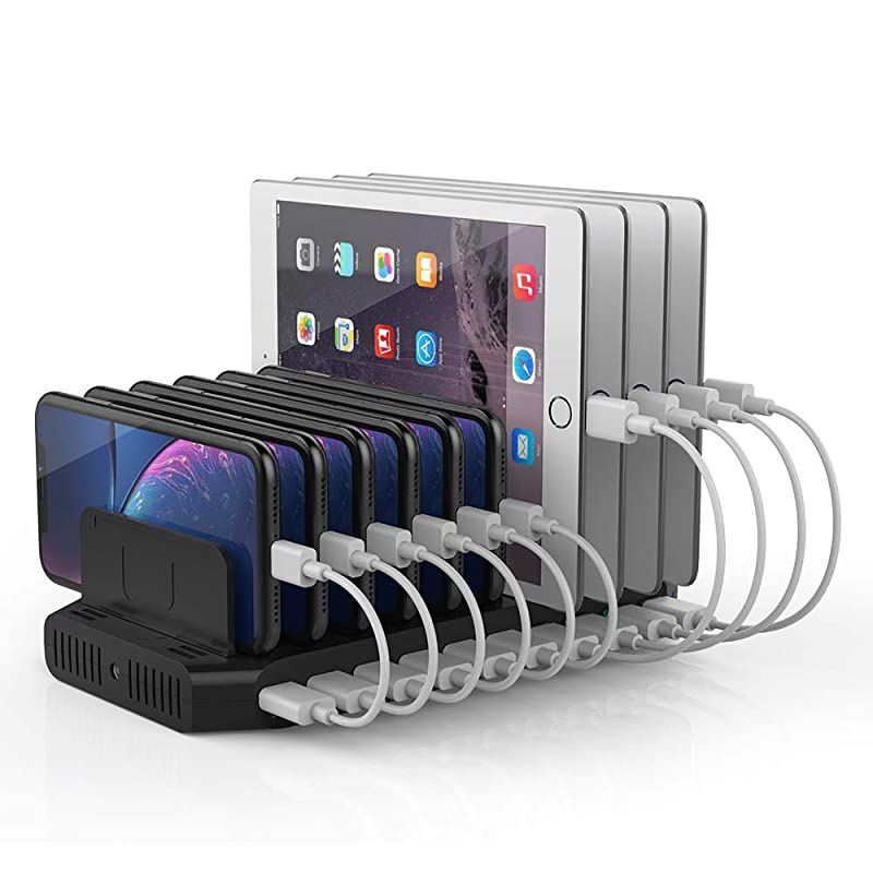 USB Charging Station for Multiple Devices, Charger Organizer Stand Dock with Dividers, Quick Charge 3.0 Compatible for Smartphone, Tablet, iPad and Other Electronics