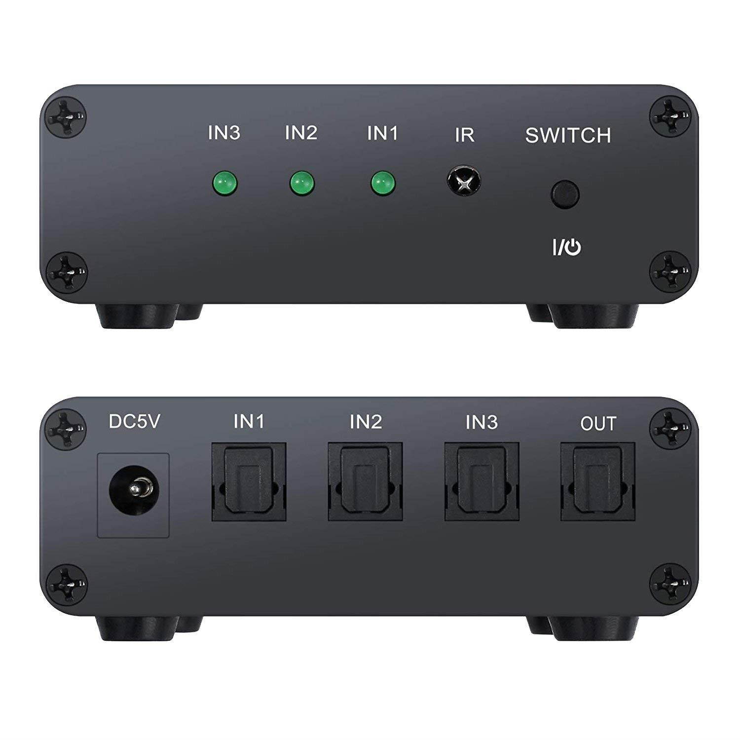 ESYNIC 3 Port Toslink Switch Digital Optical Audio Switcher 3X1 with IR Remote Control Aluminum Alloy SPDIF Switcher 3 In 1 Out with 6.6ft Optical Cable Supports PCM2.0 5.1CH DTS Dolby-AC3
