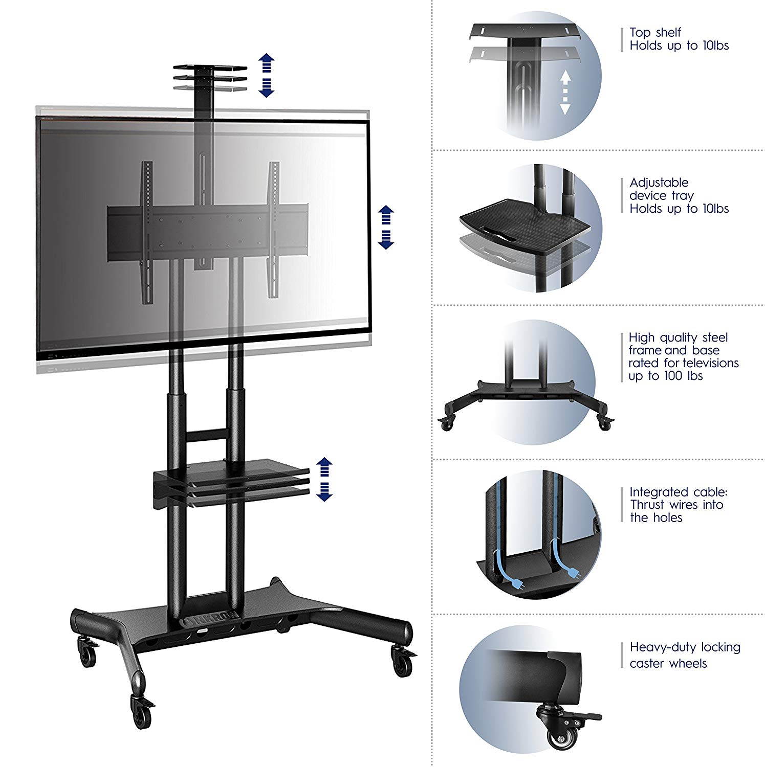 ONKRON Mobile TV Stand with Wheels Rolling TV Cart for 55 to 80 Inch LCD LED Flat Panel TVs (TS1881)