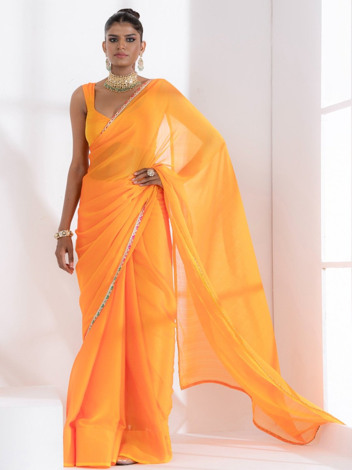 Swtantra Yellow Plain Saree With Unstitched Blouse