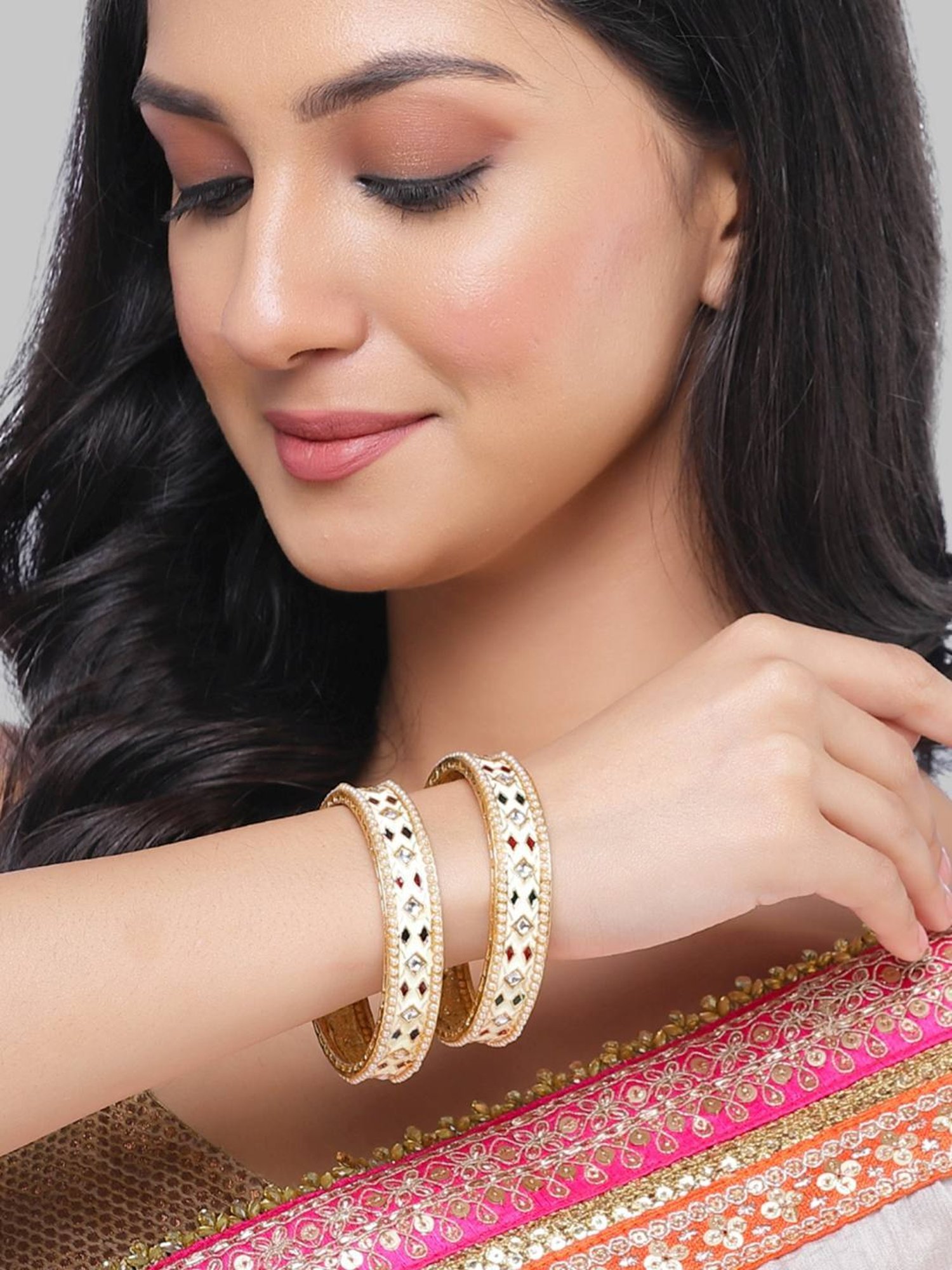 Karatcart Gold-Plated White Meena Bangles Women - Set of 2