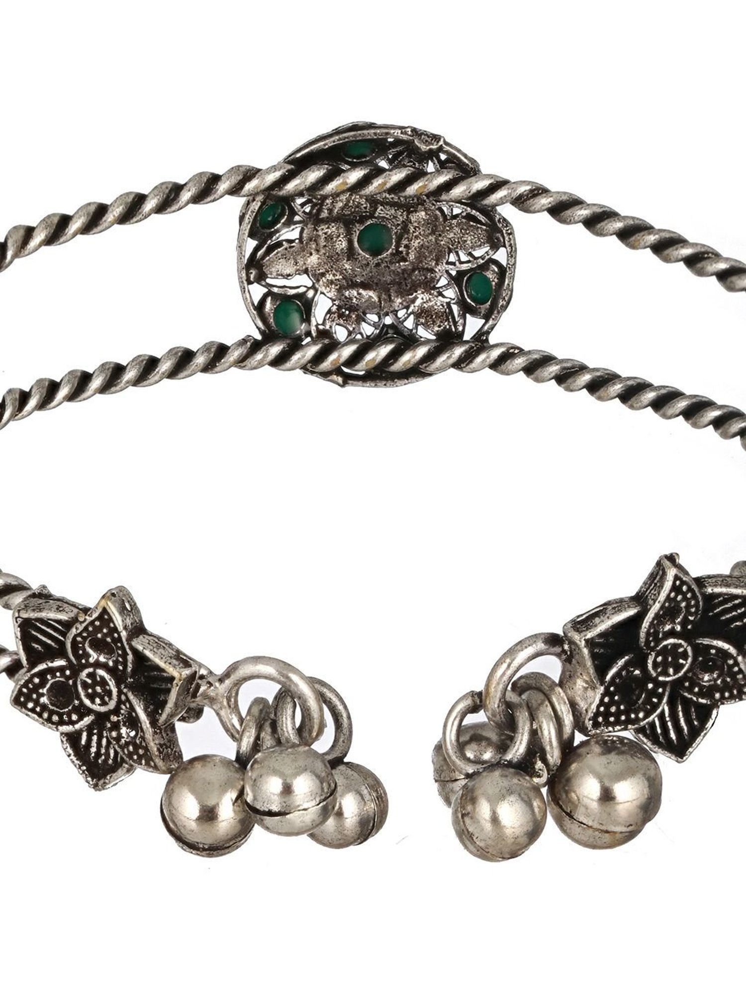 Aatmana Silver-Plated Green Stone-Studded Oxidized Handcrafted Cuff Style Bracelet