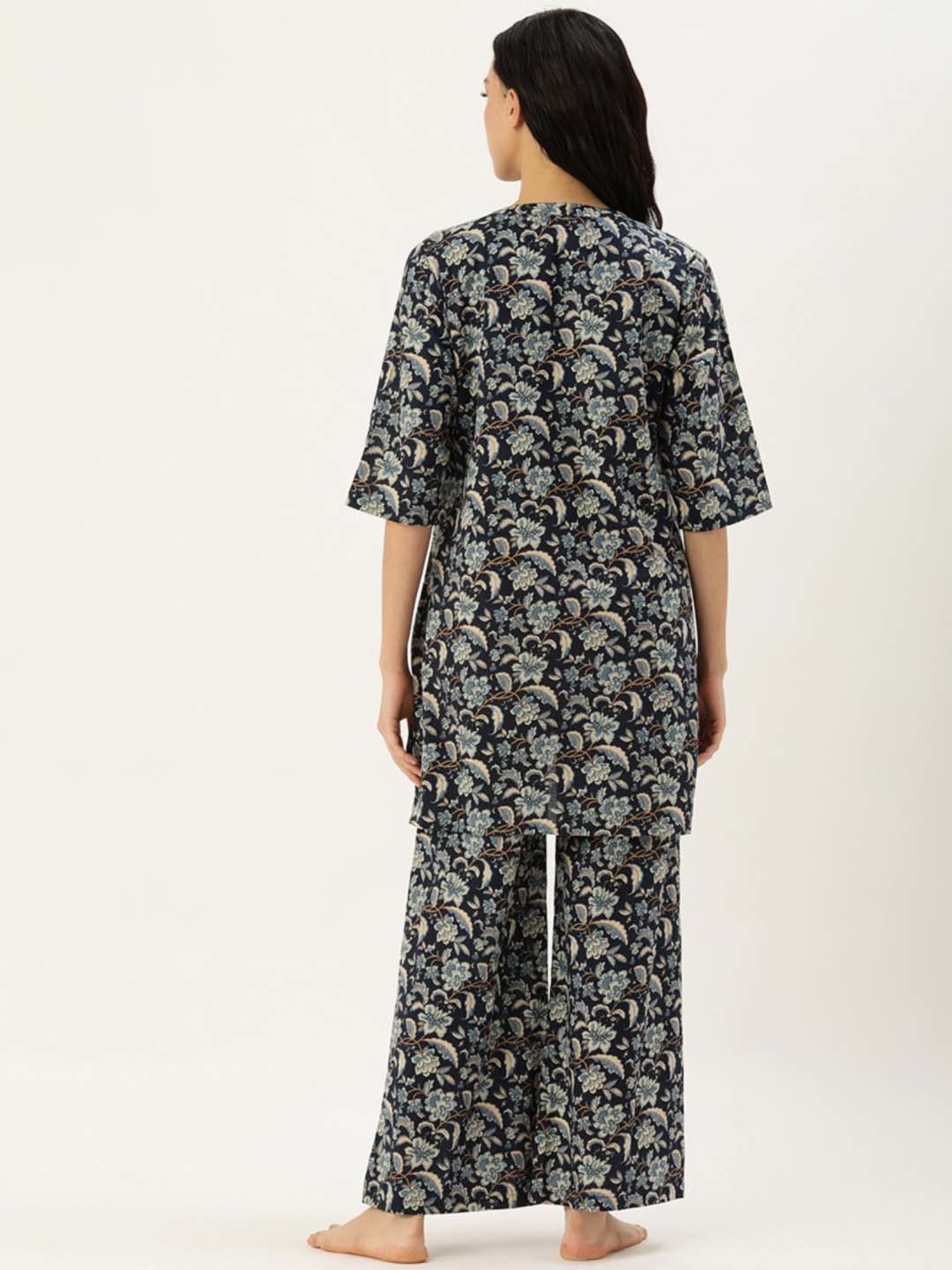 Clt.s Blue Cotton Floral Print Kurti Palazzo Set