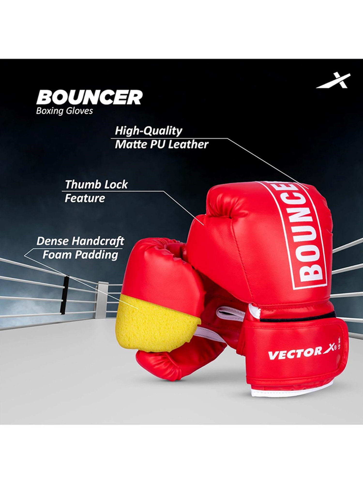 Vector X Bouncer PU Boxing Glove (Red) Size - 10 oz