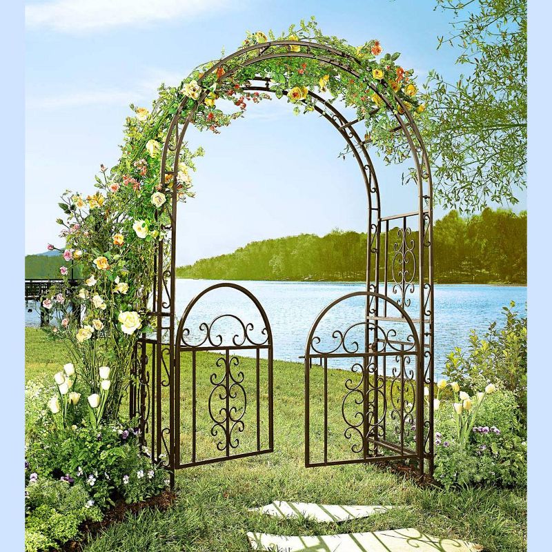 Plow & Hearth - Montebello Decorative Garden Arbor Trellis with Gate & Beautiful Scrollwork Design