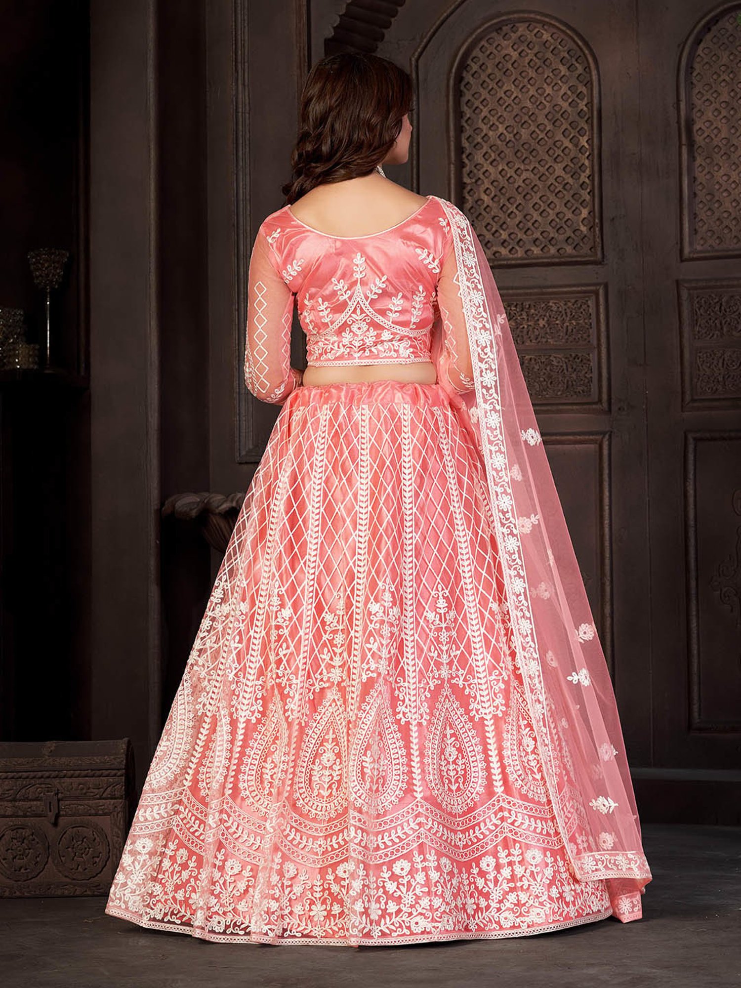 Warthy Ent Peach Embroidered Lehenga Choli Set With Dupatta