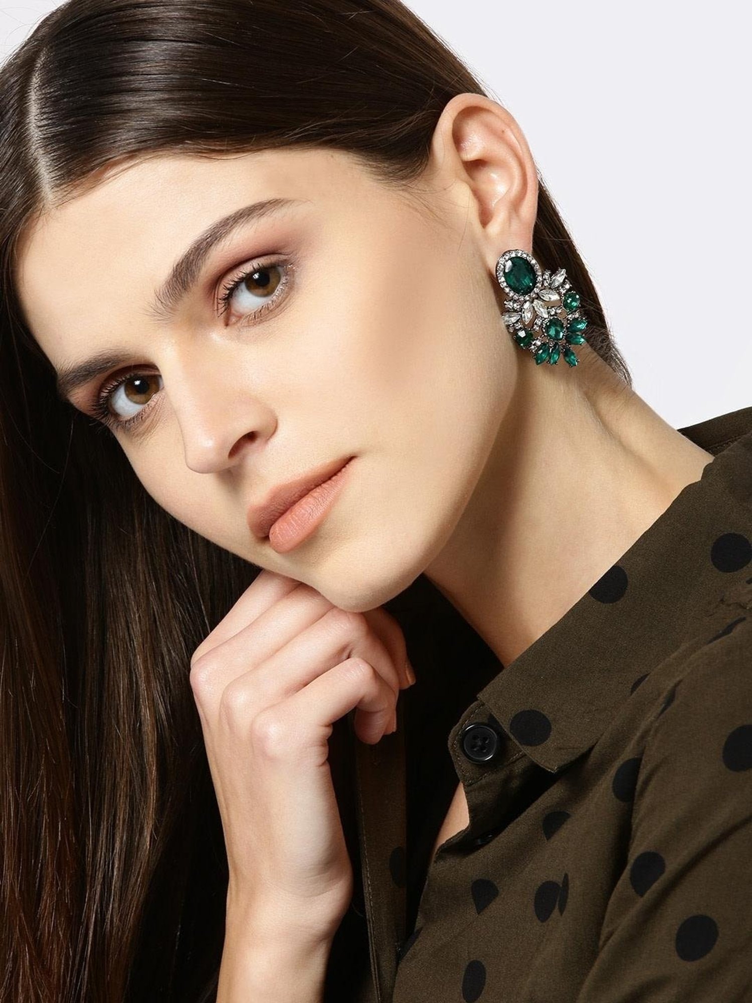 YouBella Silver Green & White Contemporary Stone Studded Dangler Earrings for Women