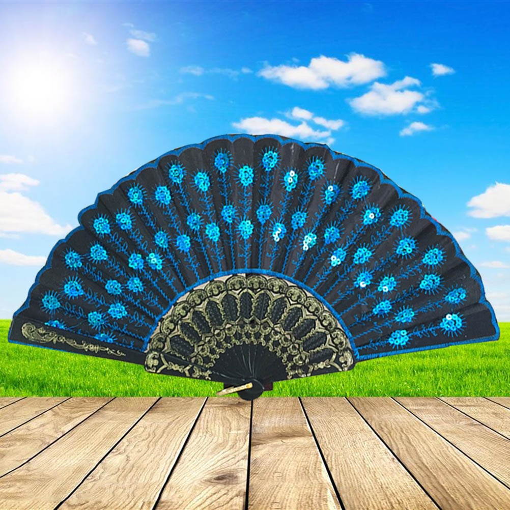 Fashionable Sequins Peacock Fan Handmade Dance Hand Fans for Performance Stage Show (Sky Blue)