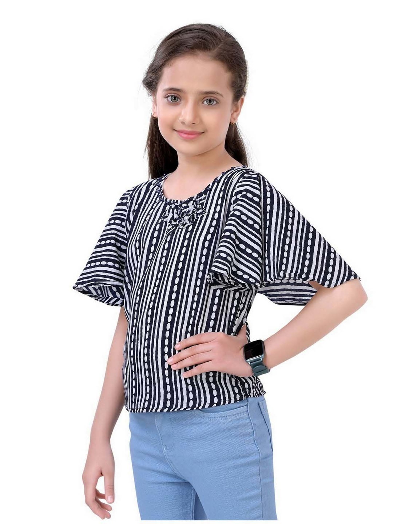 poplins Kids Navy & White Cotton Printed Top