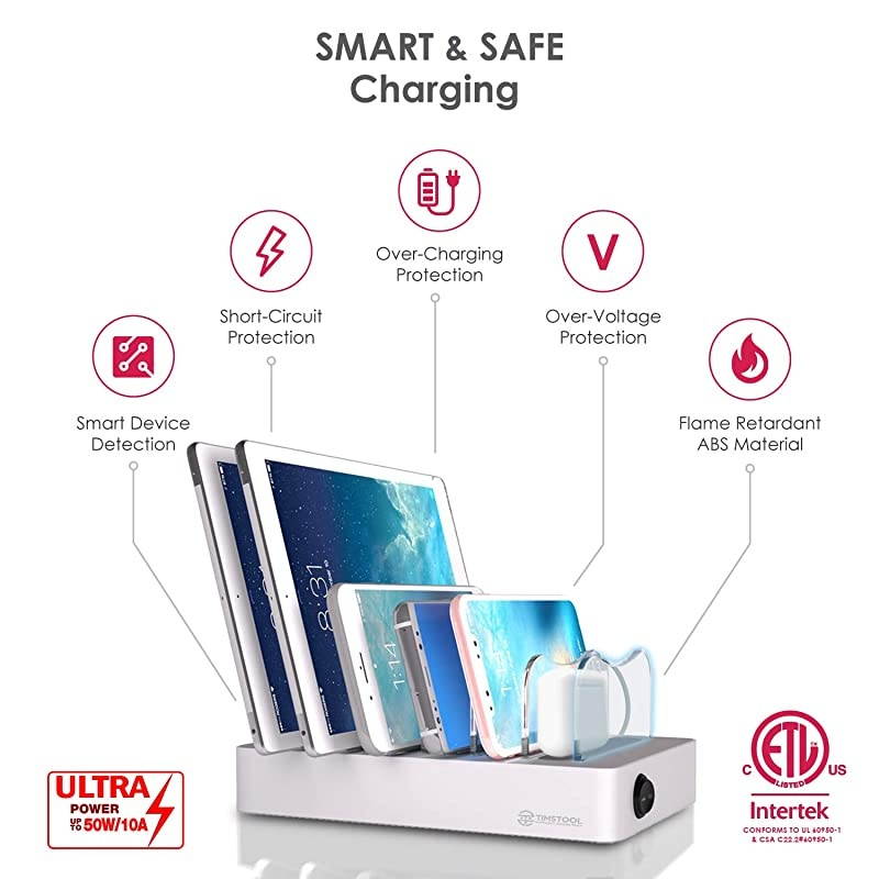 6 USB Charging Station for Multiple Devices Fast Multiple USB Charger Multi Port Hub Charging Organizer Dock Smart Cell Phone Docking Station iPhone Compatible Charger LED NoBuzz