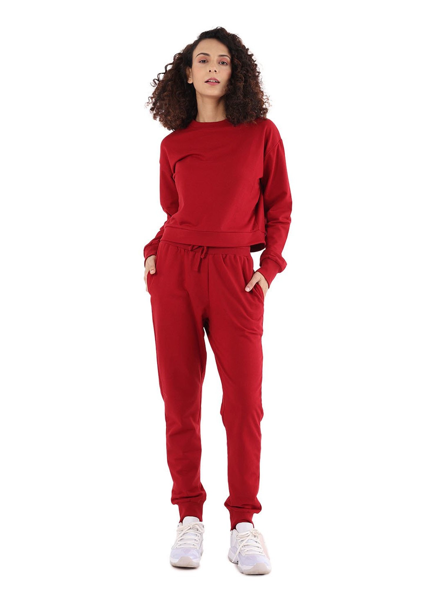 Nite Flite Maroon Cotton Crop Sweatshirt With Joggers